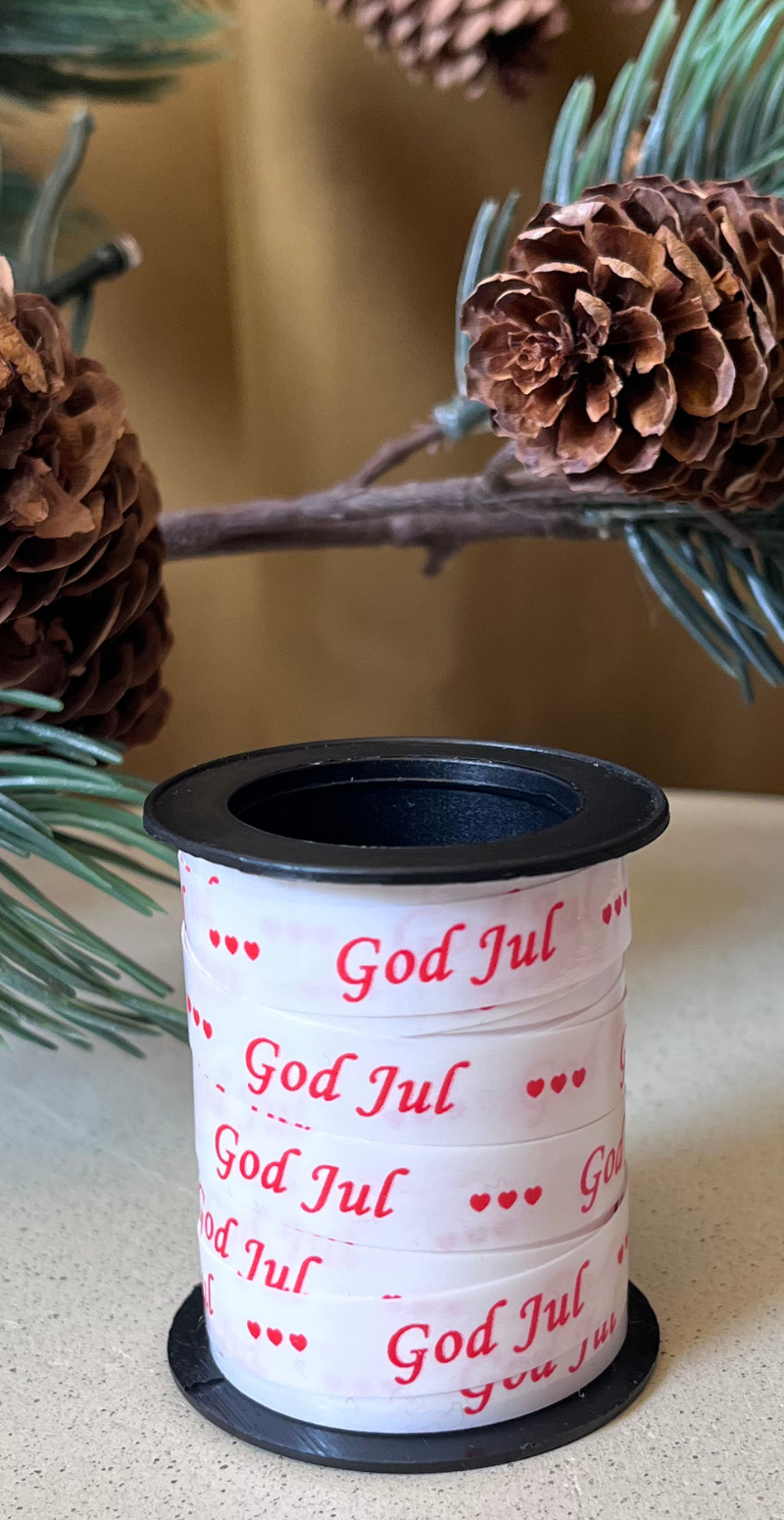 Julegavebånd med hjerter og "God jul" hvid