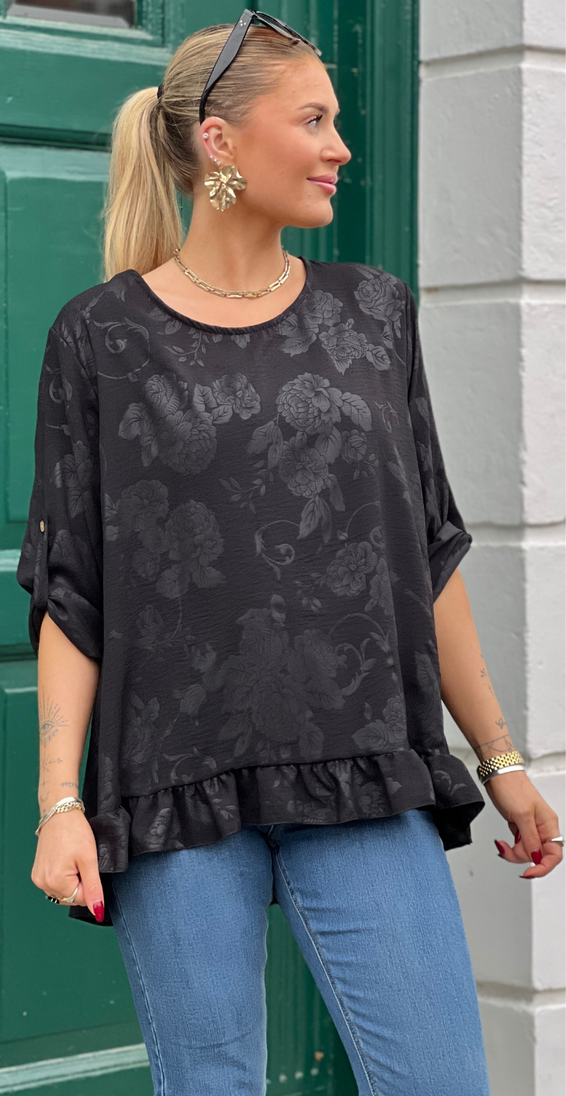 Amanda bluse med peplum og blomsterprint sort LikeLondon