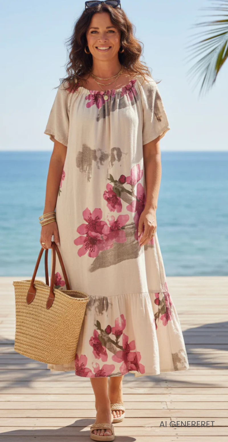 Eloise lang kjole med blomsterprint og peplumkant beige LikeLondon
