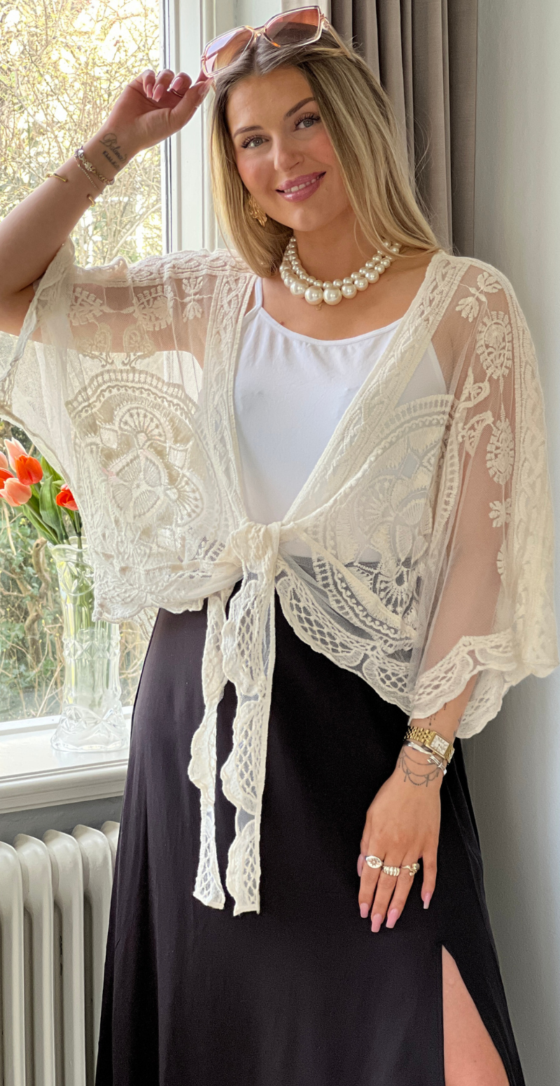 Forudbestil uge 16 Norma blonde cardigan med bindebånd creme LikeLondon