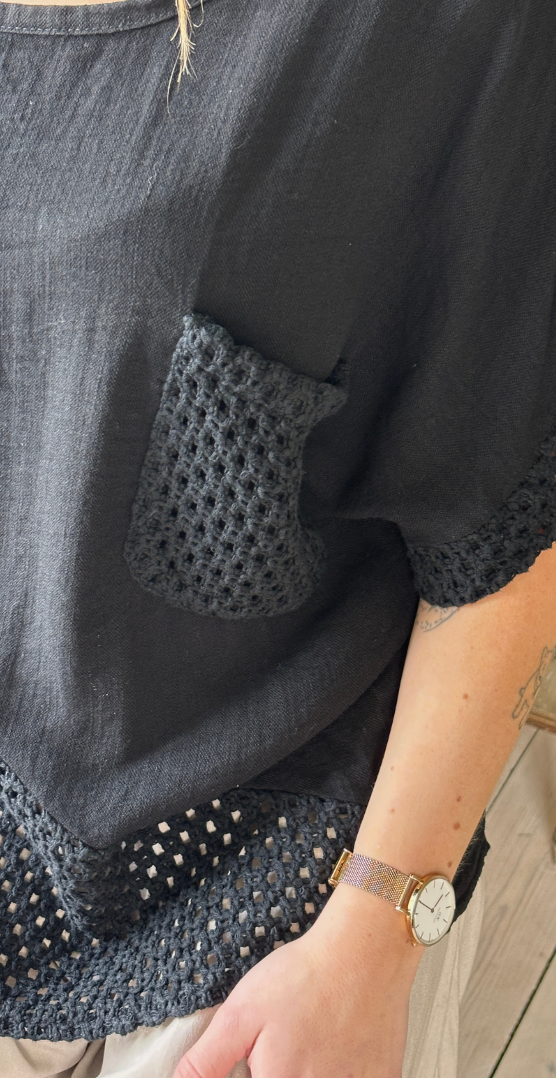 Gladys bluse med kort ærme og hæklede detaljer sort LikeLondon