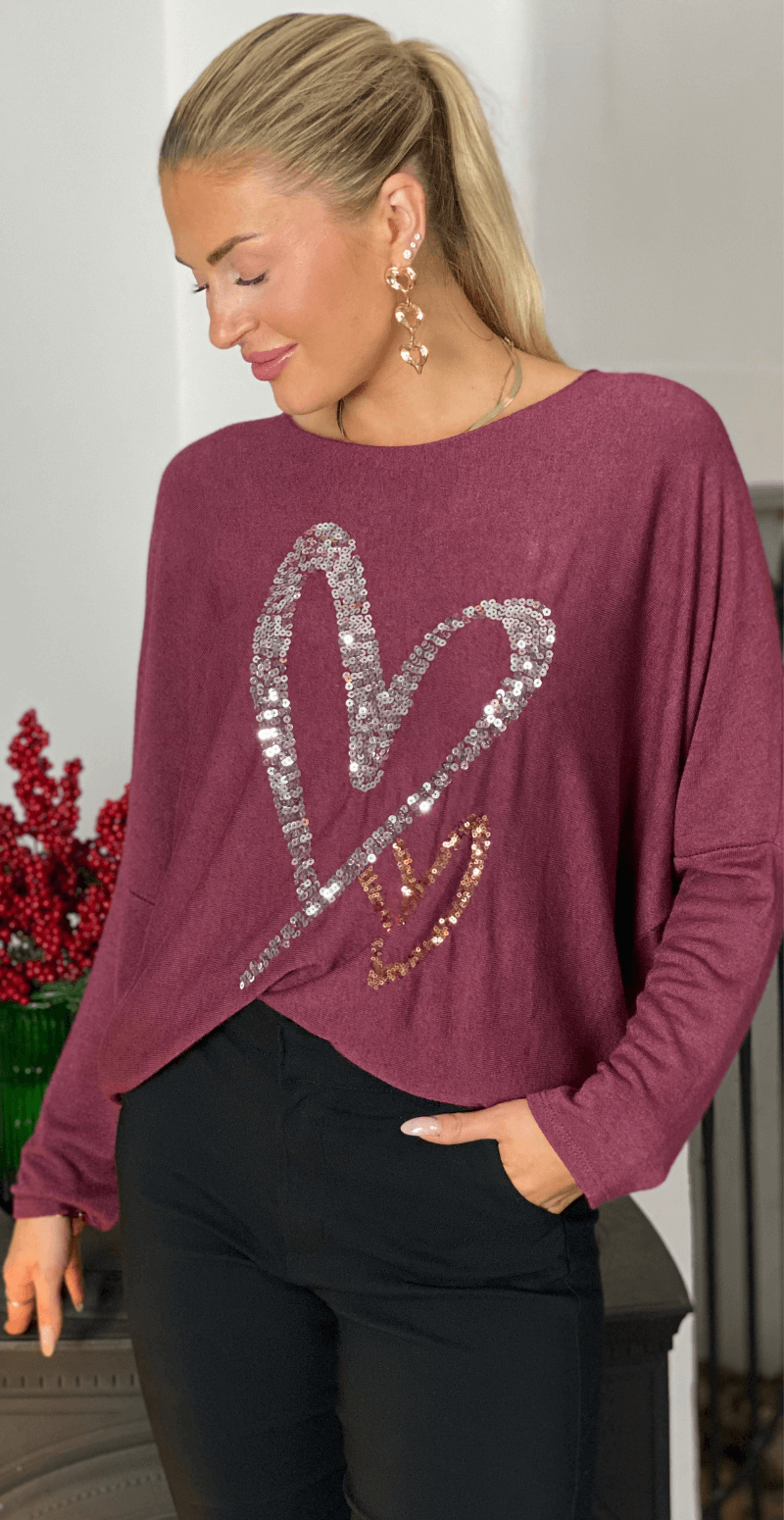 Madelene bluse med paillet hjerter bordeaux LikeLondon