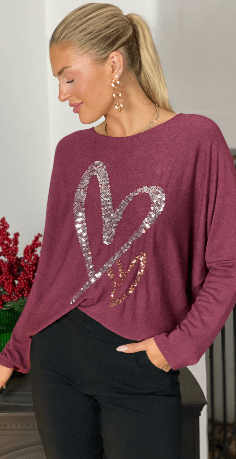 Madelene bluse med paillet hjerter bordeaux LikeLondon