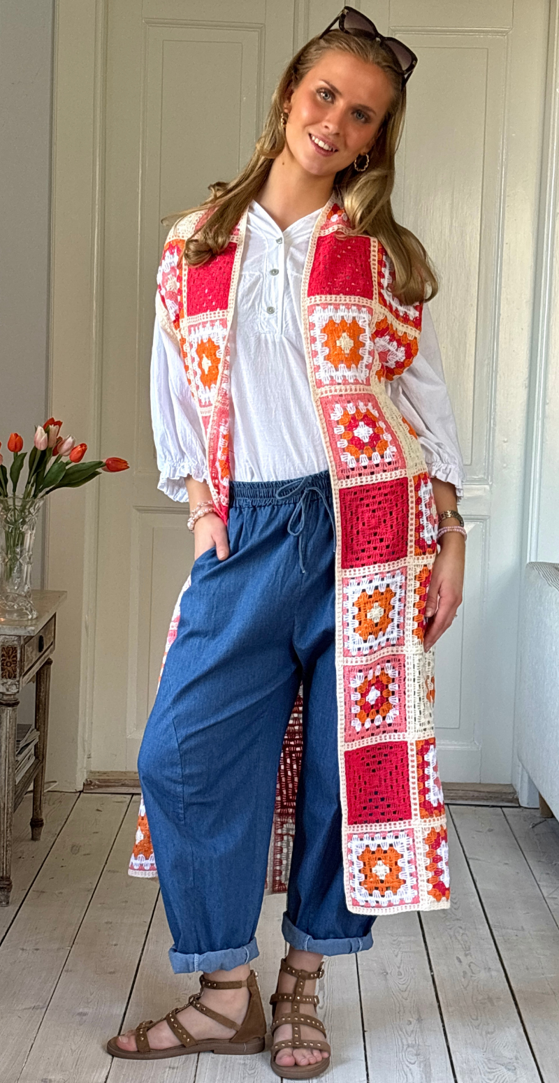 Macy lang hæklet patchwork cardigan orange LikeLondon