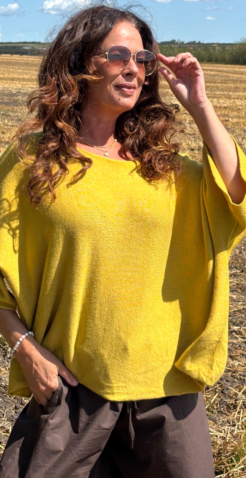 Elva strikbluse med vidde og 3/4 ærmer bamboo yellow LikeLondon