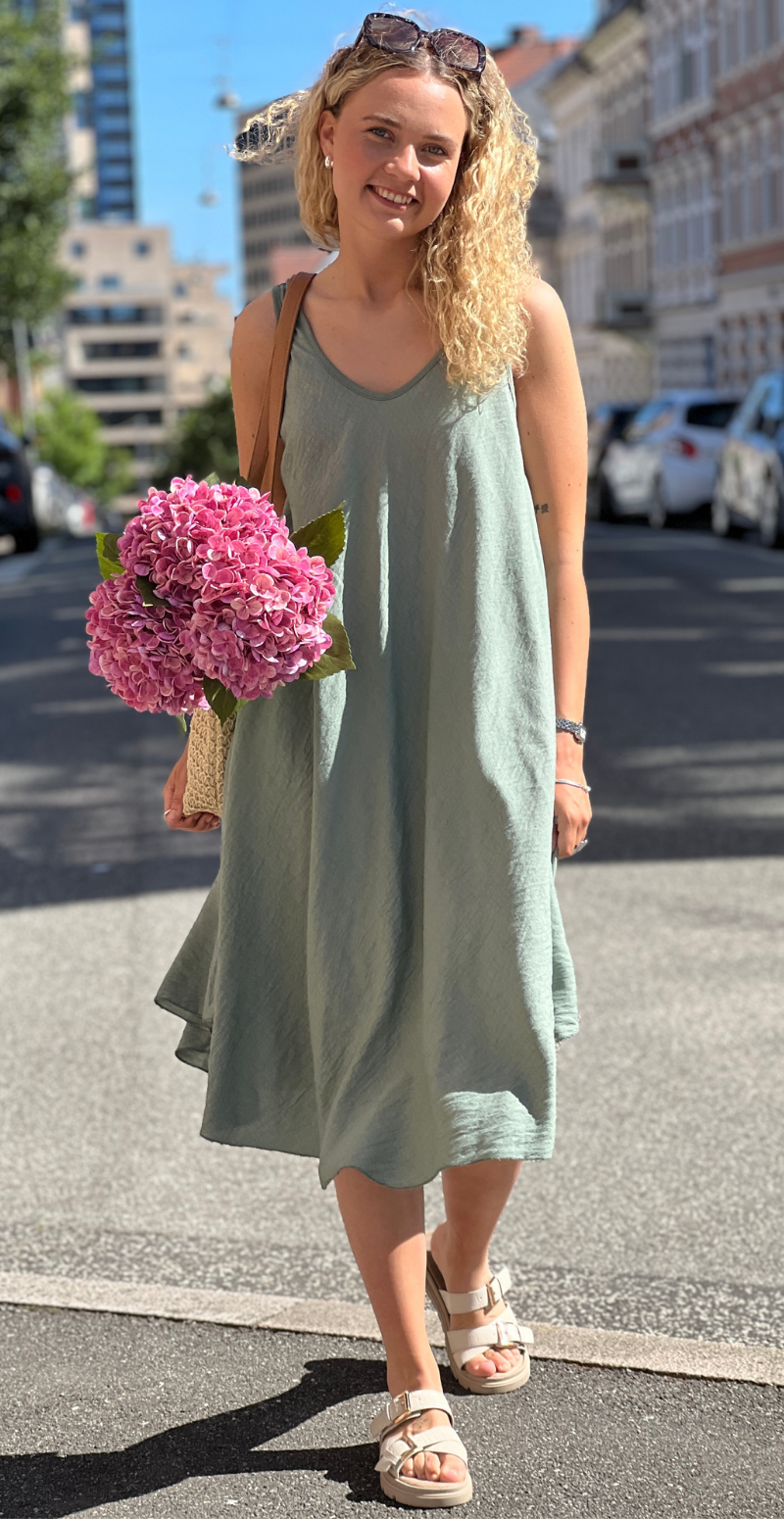 Elna kjole med vidde og net detalje på ryggen khaki LikeLondon