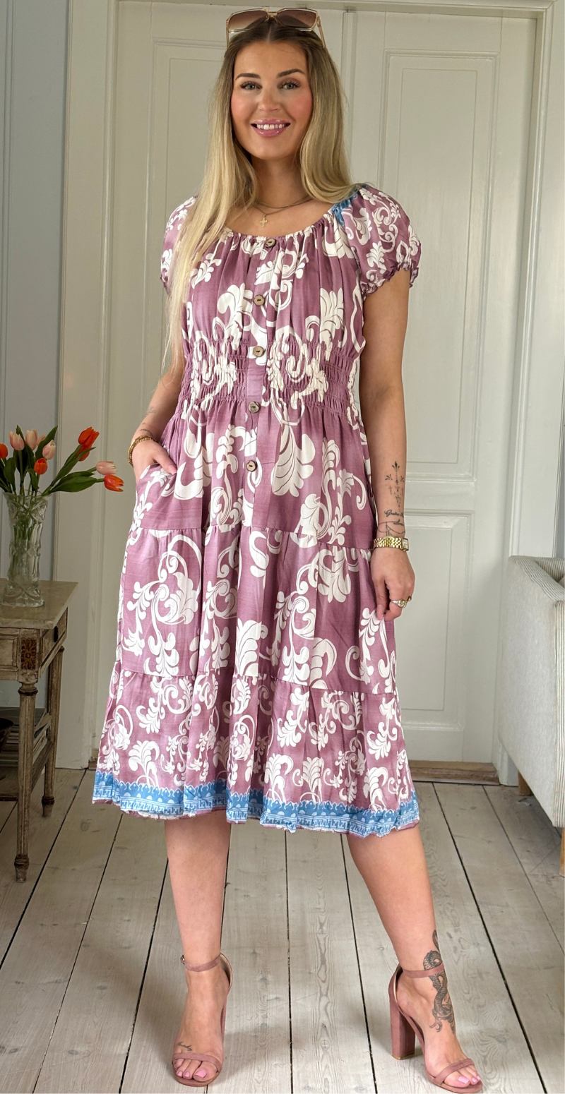 Abby kjole med paisleyprint og smock rosa LikeLondon