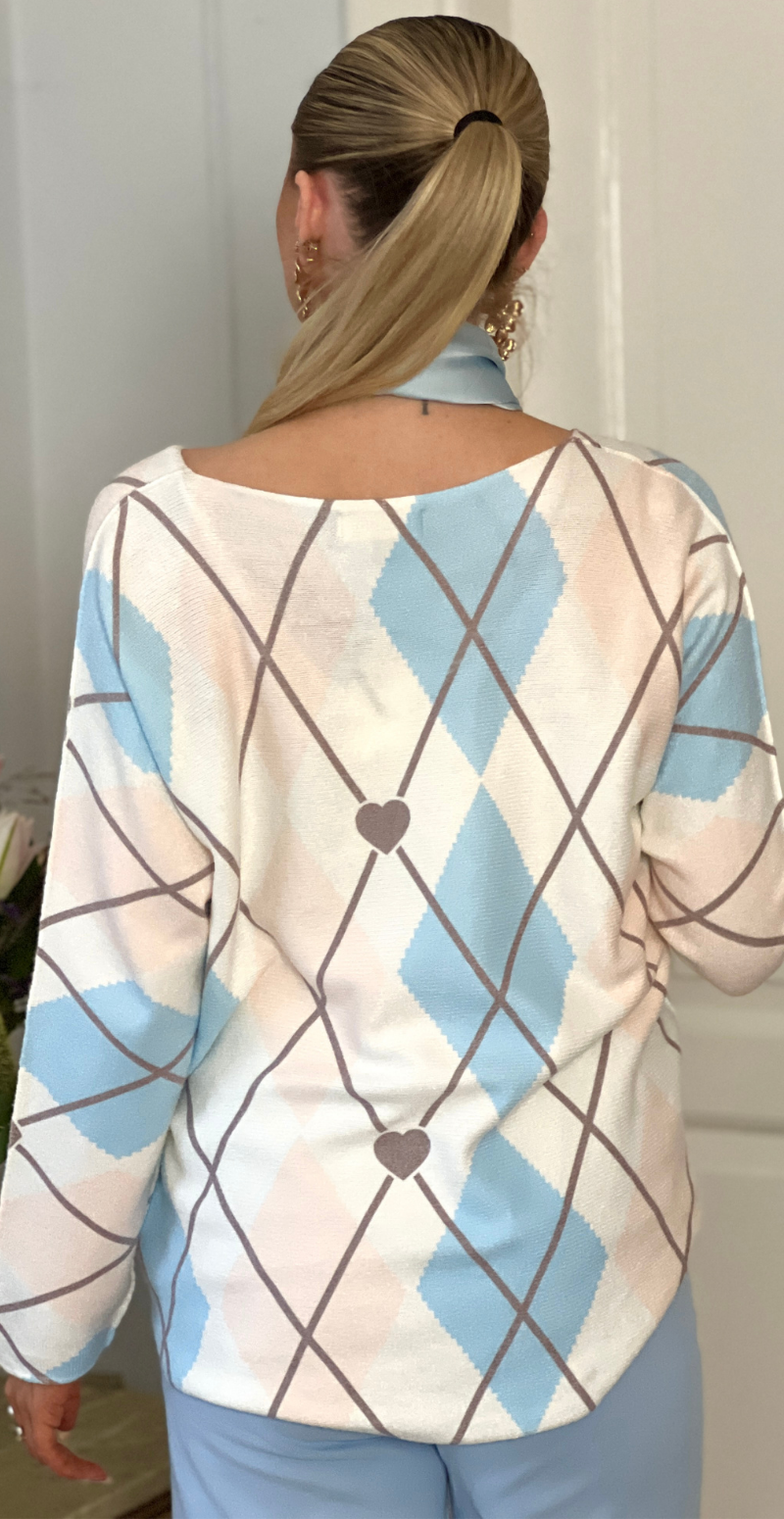 Forudbestil uge 7 Marley strik med harlekin mønster  hjerter sky blue LikeLondon