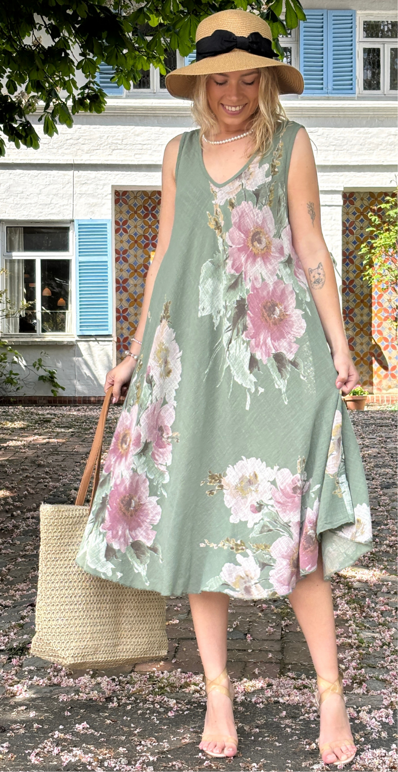 Faye kjole med brede stropper og blomstermotiv khaki LikeLondon
