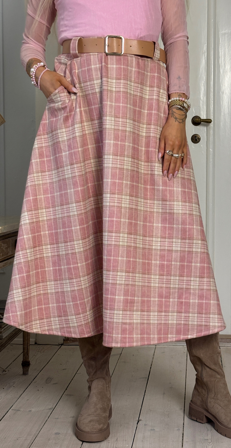 Zelda ternet nederdel med bælte og lommer rosa LikeLondon