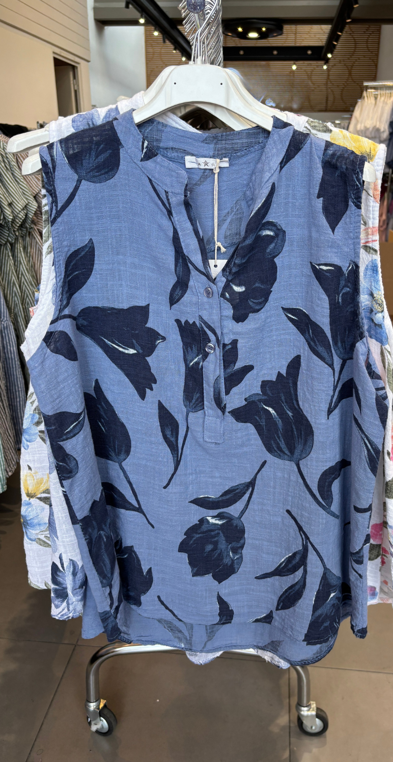 Forudbestilling uge 21 Dorota top med knapstolpe og blomster denim/blå LikeLondon