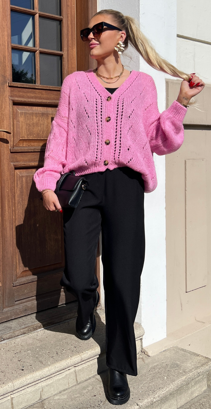 Tara mohair cardigan med hulmønster pink LikeLondon