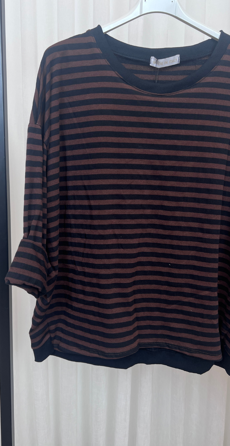 Zenia bluse med lange ærmer og striber old brown/sort LikeLondon