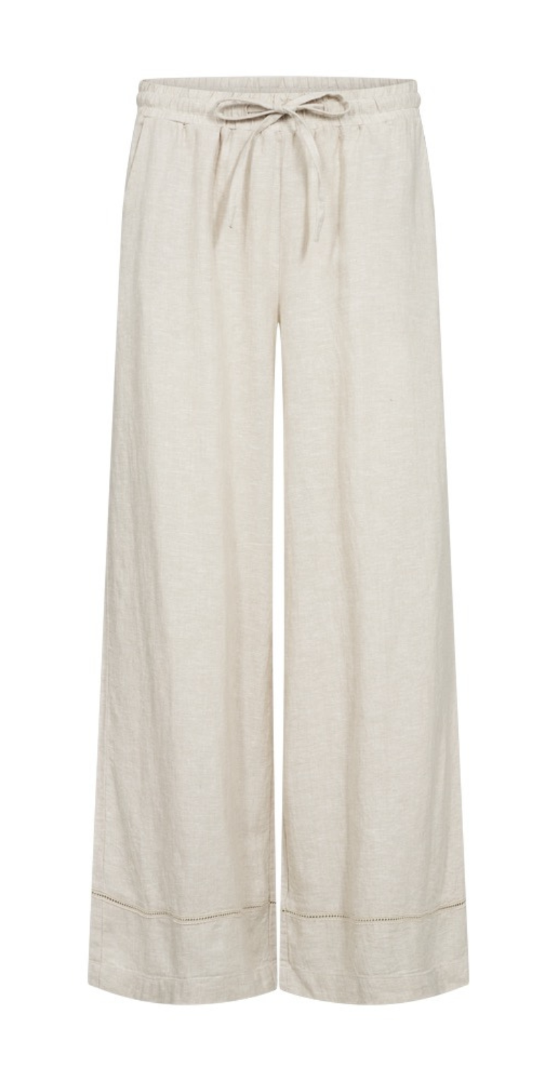 Laluna hørbukser med bindebånd og hulmønster på benet moonbeam melange Freequent