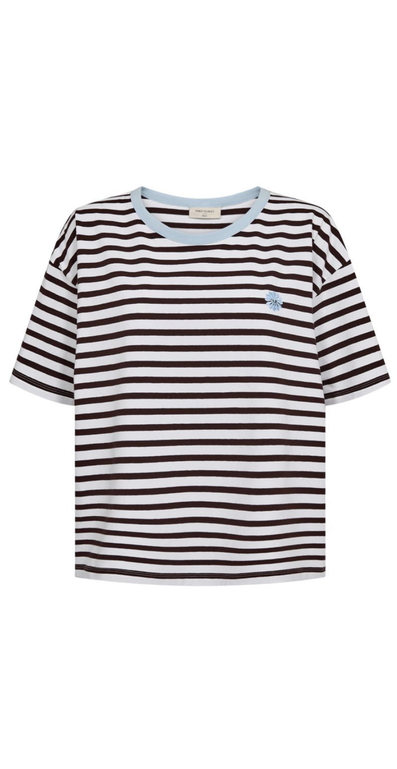 Fenjal t-shirt med striber og blomst brilliant white w. coffee bean Freequent