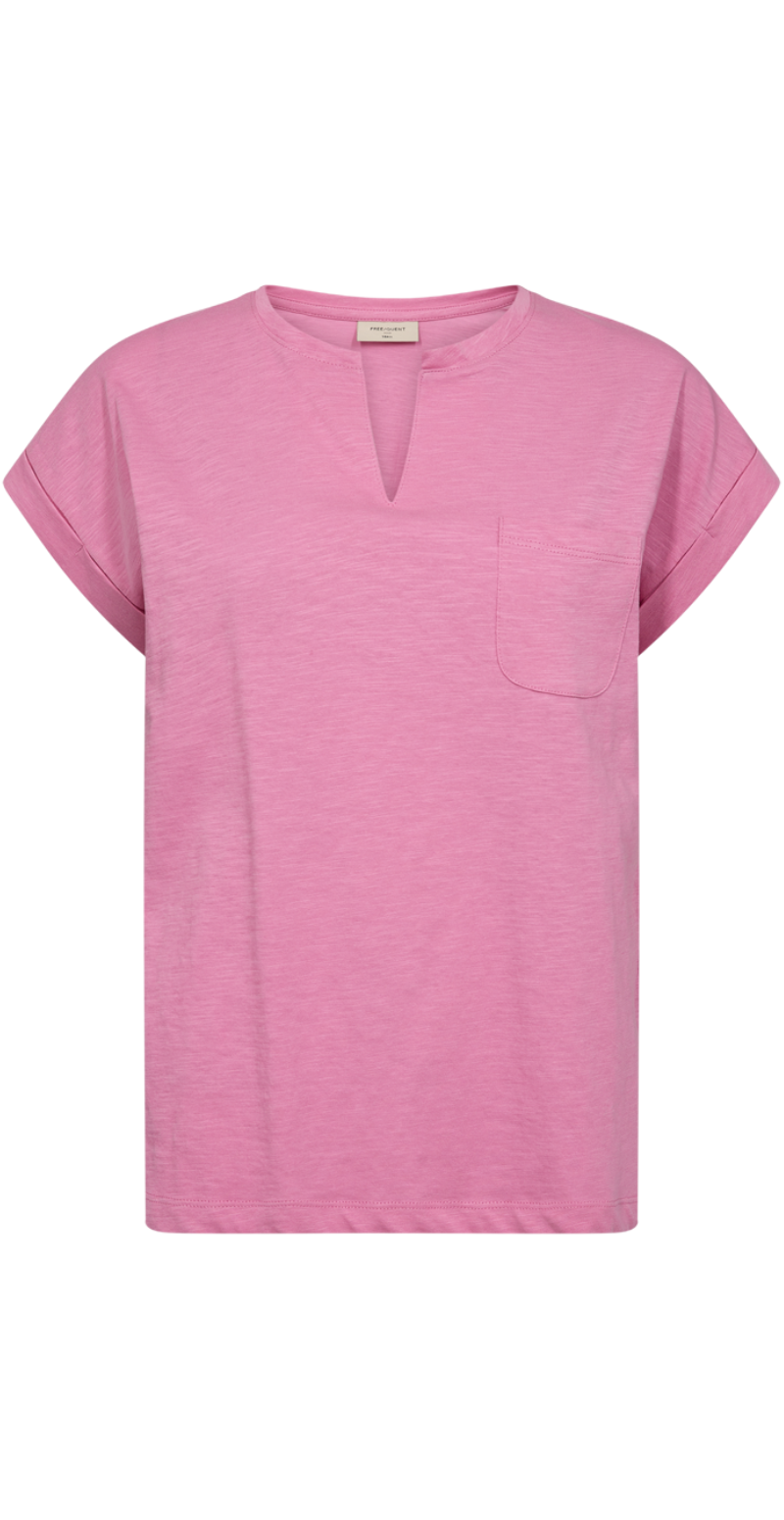 Viva T-shirt med v-hals og lomme fuchsia pink