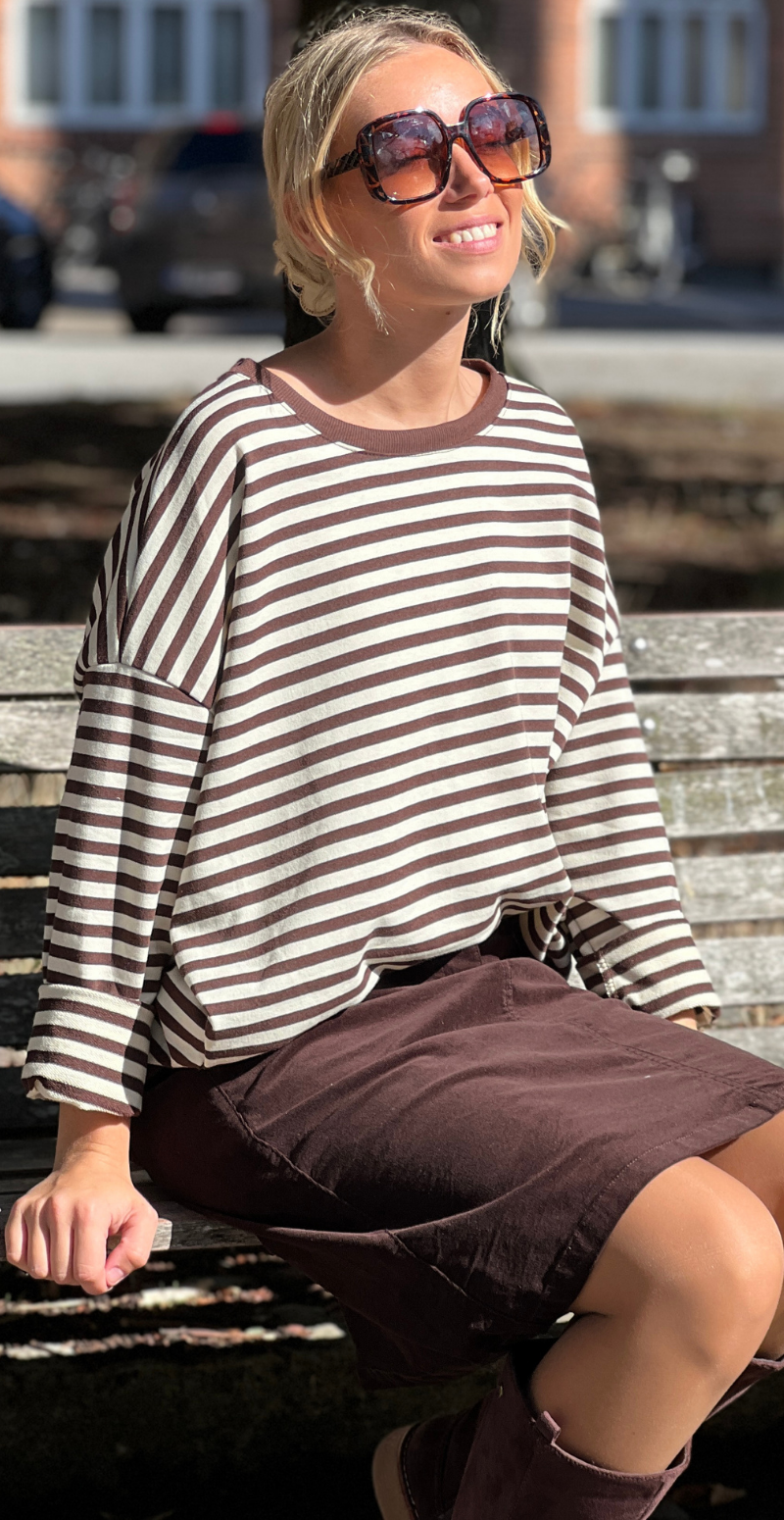 Zenia bluse med lange ærmer og striber old brown/cream LikeLondon