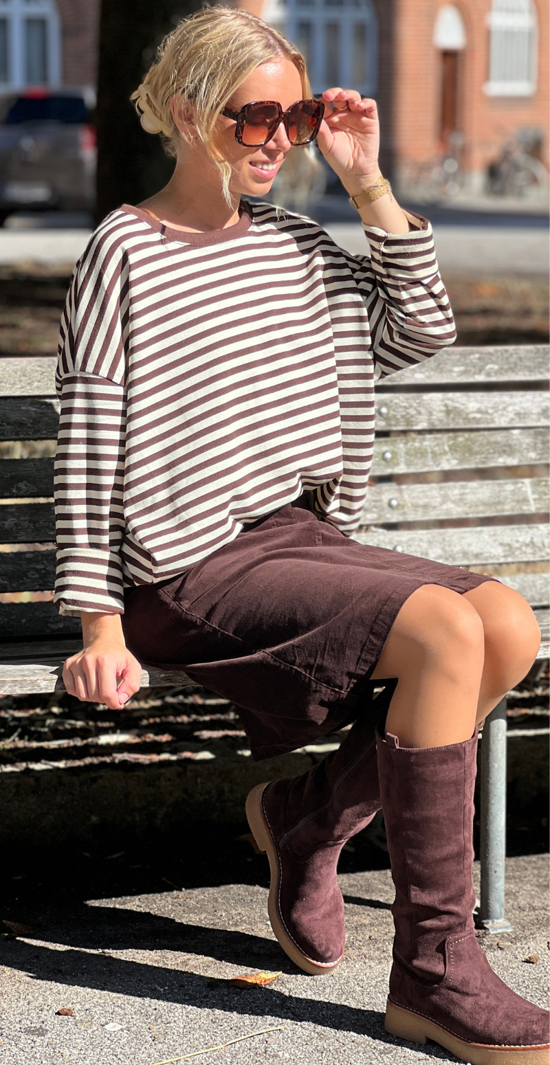 Zenia bluse med lange ærmer og striber old brown/cream LikeLondon