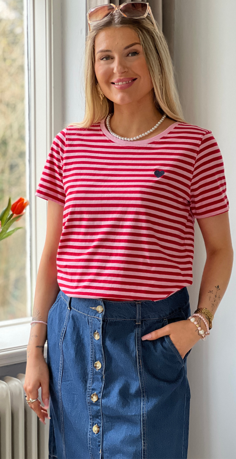 Mian bluse med striber sweet lilac w. true red Freequent