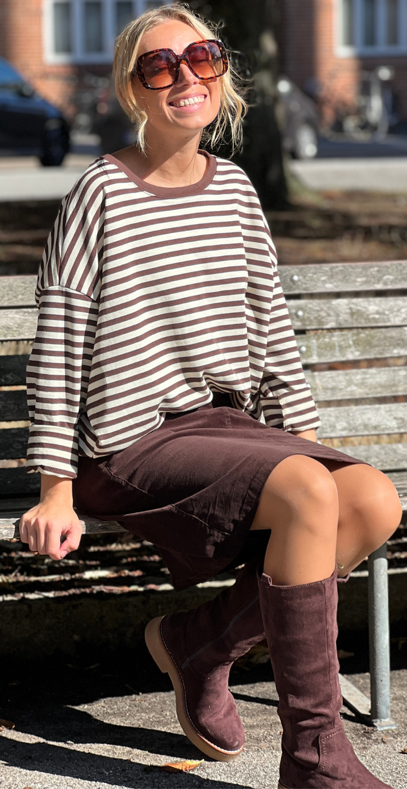 Zenia bluse med lange ærmer og striber old brown/cream LikeLondon