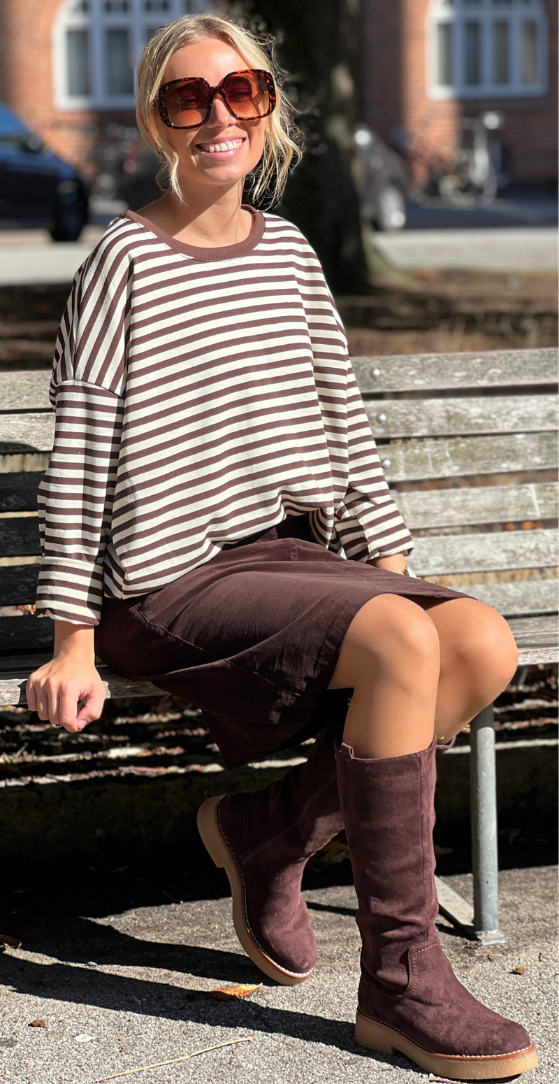Zenia bluse med lange ærmer og striber old brown/cream LikeLondon