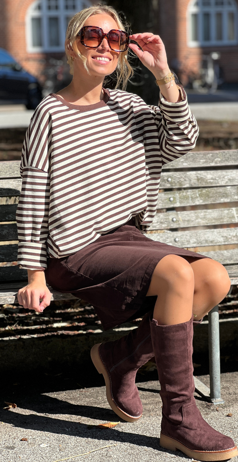 Zenia bluse med lange ærmer og striber old brown/cream LikeLondon