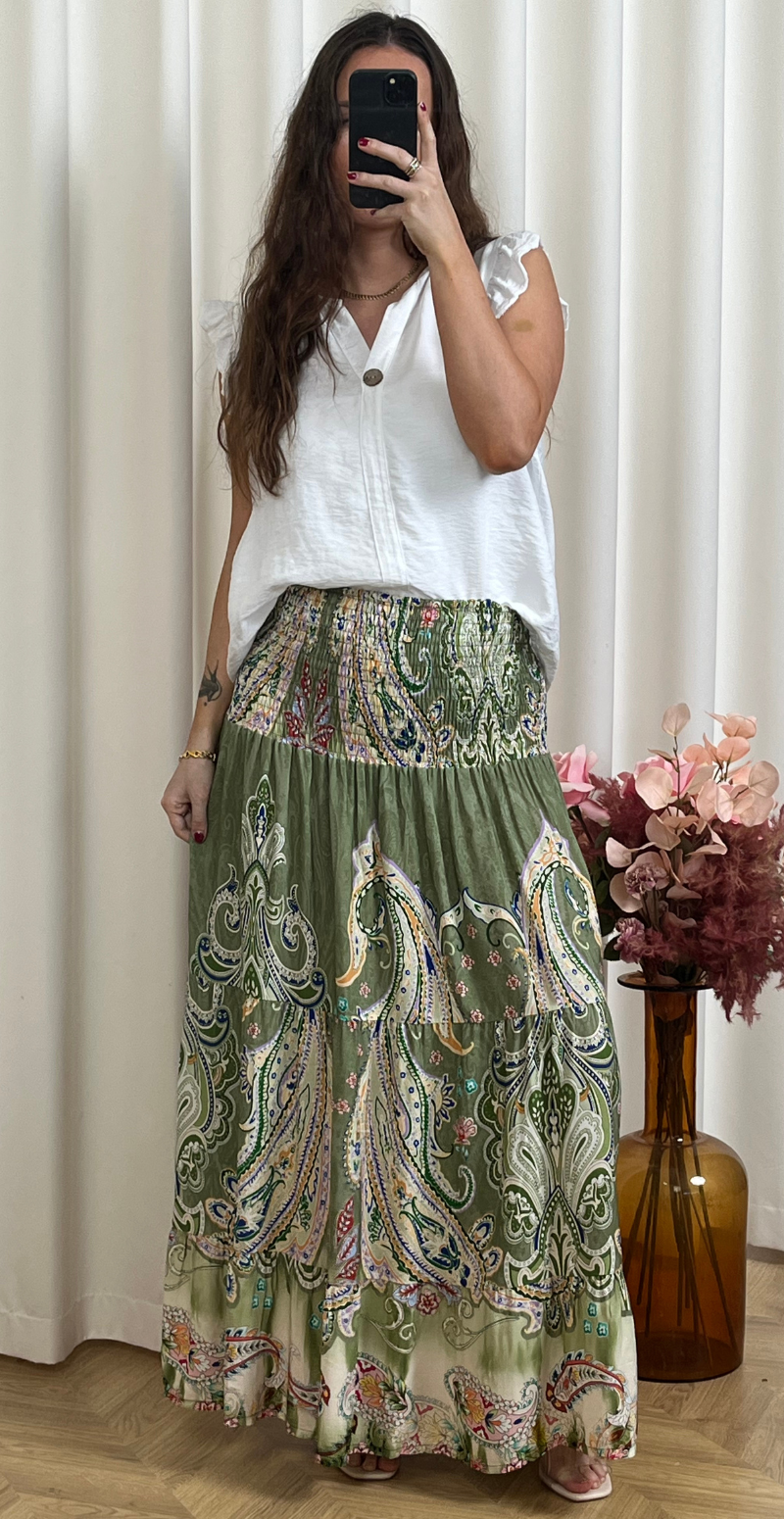 Thora nederdel med paisley print khaki LikeLondon