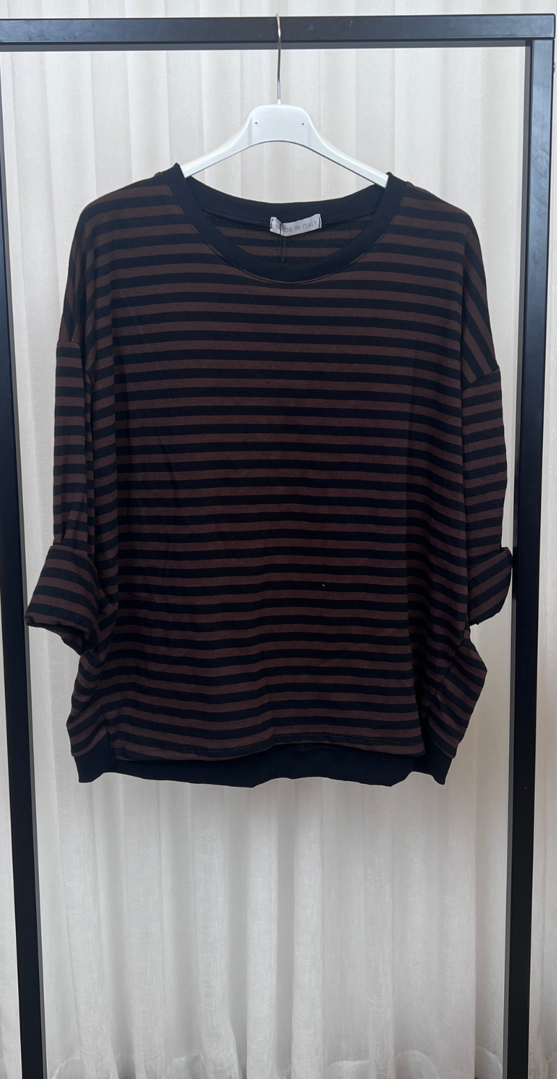 Zenia bluse med lange ærmer og striber old brown/sort LikeLondon