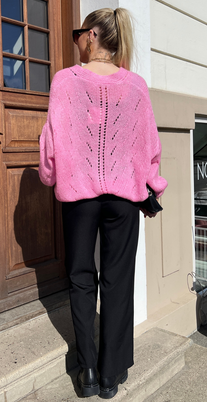 Tara mohair cardigan med hulmønster pink LikeLondon