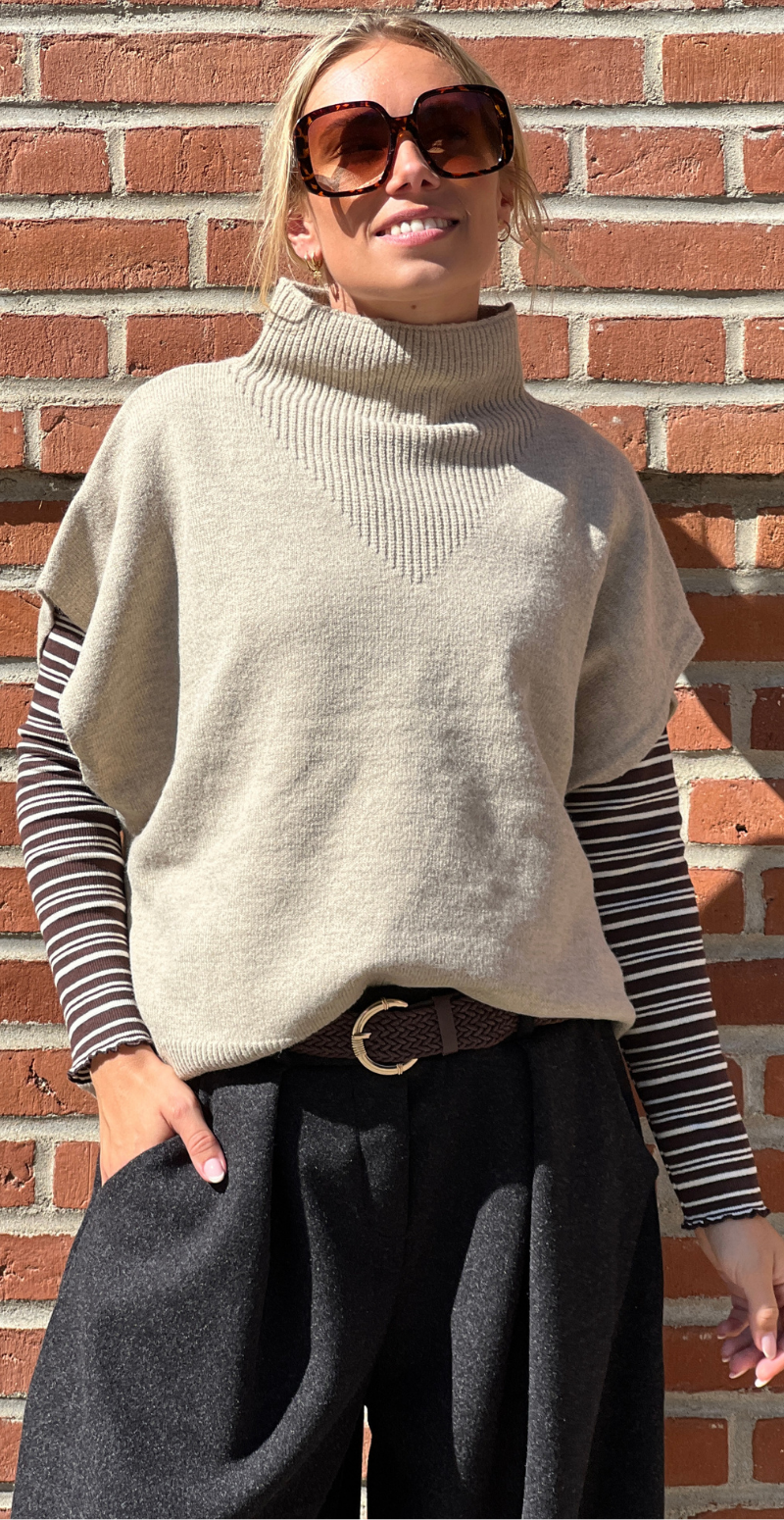 Escapsy strikket vest med høj hals Oyster Grey Melange Freequent