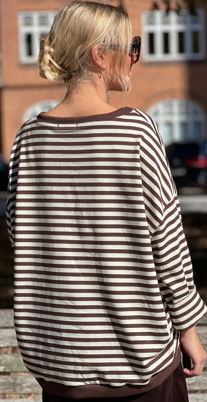 Zenia bluse med lange ærmer og striber old brown/cream LikeLondon