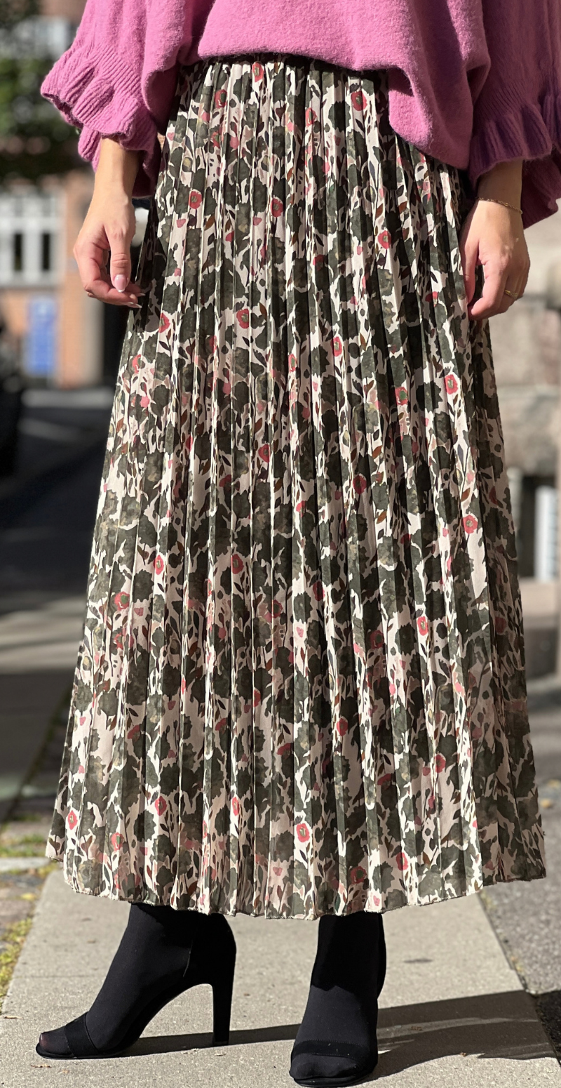 Robyn plisseret nederdel med blomstermønster khaki LikeLondon