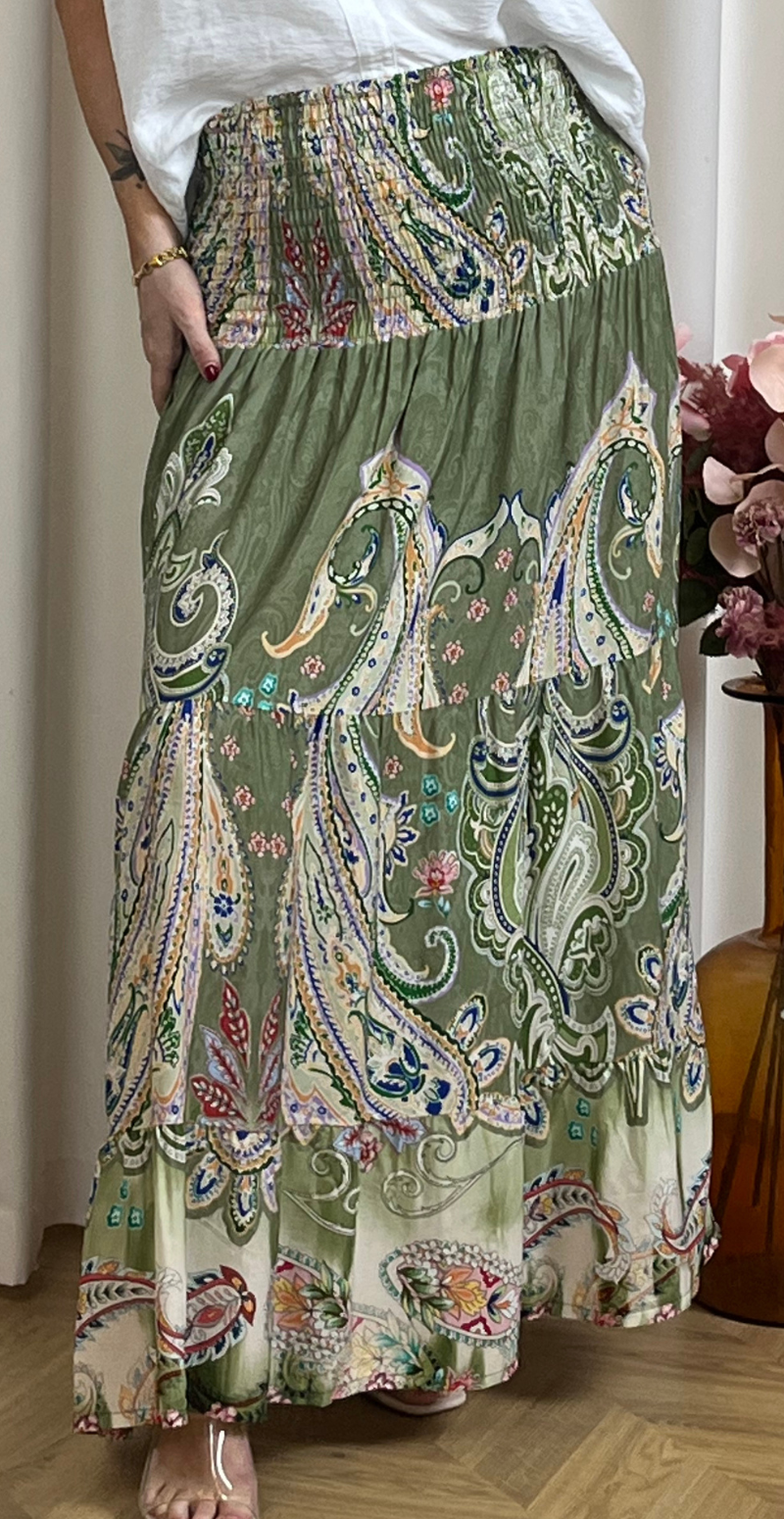 Thora nederdel med paisley print khaki LikeLondon