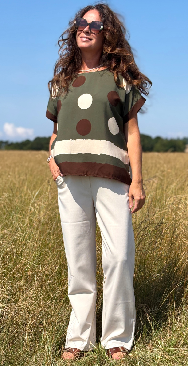 Regina bluse med prikker og brede striber army LikeLondon