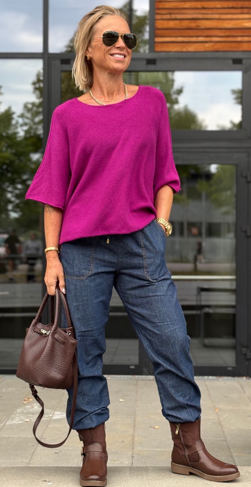 Elva strikbluse med vidde og 3/4 ærmer magenta LikeLondon