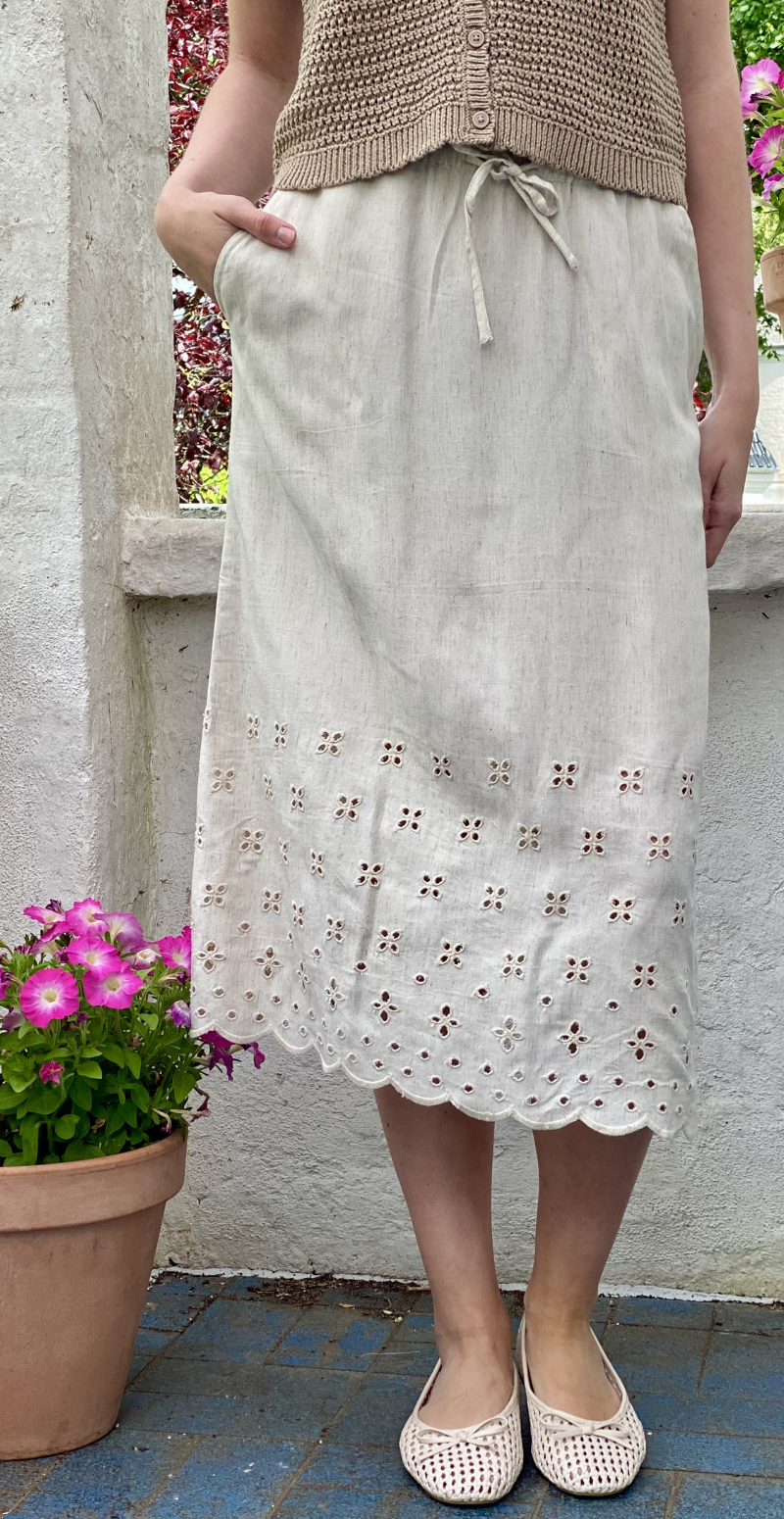 Linus hør nederdel med broderi anglaise moonbeam melange Freequent