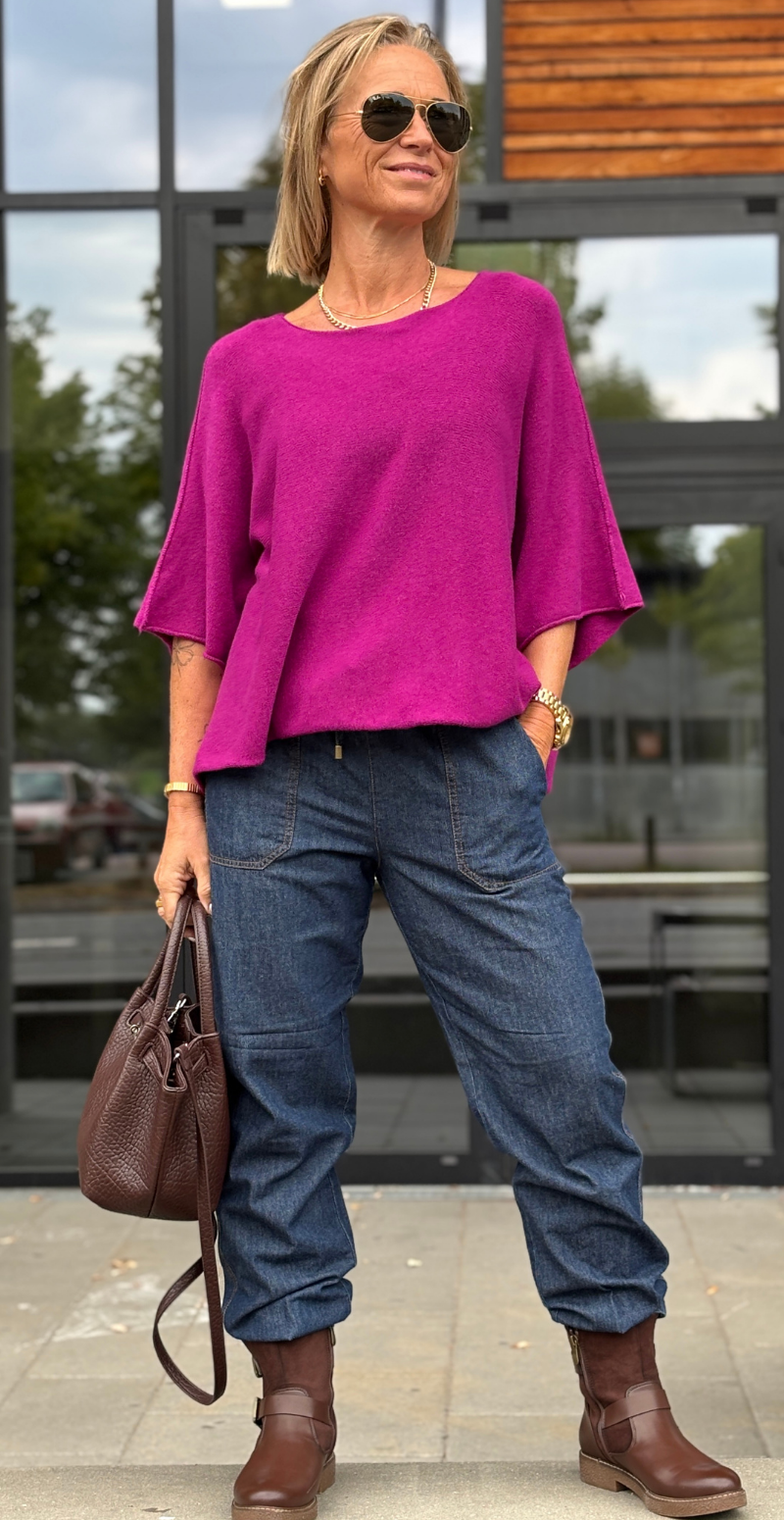 Elva strikbluse med vidde og 3/4 ærmer magenta LikeLondon