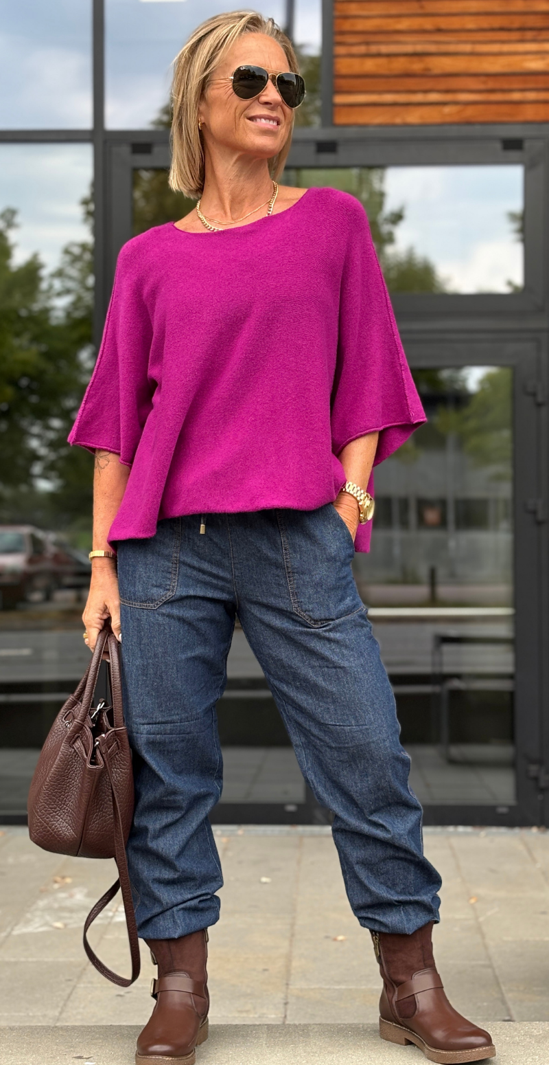 Elva strikbluse med vidde og 3/4 ærmer magenta LikeLondon