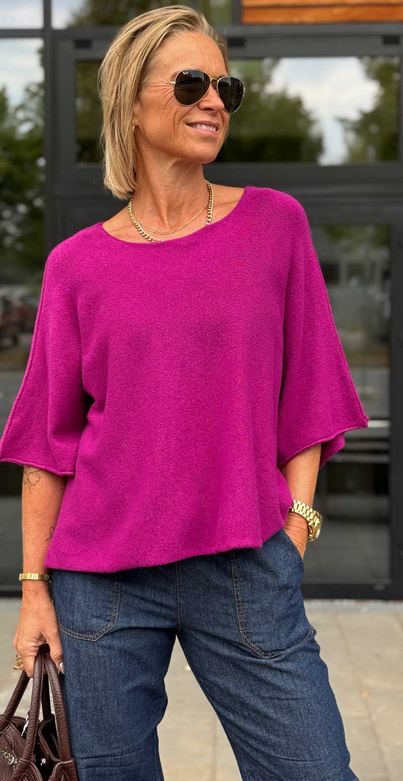 Elva strikbluse med vidde og 3/4 ærmer magenta LikeLondon