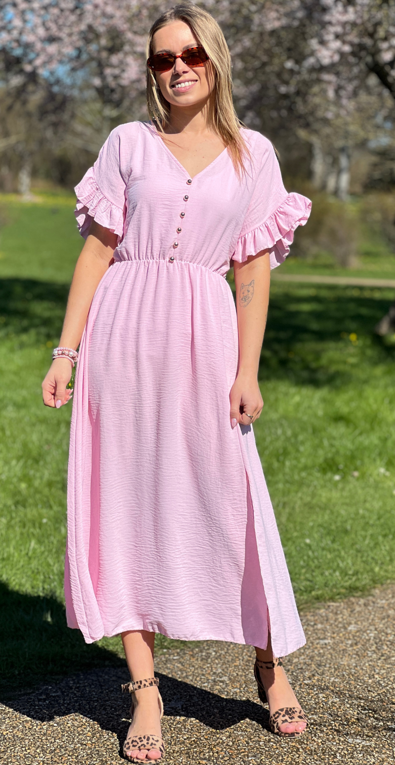 Cordelia kjole med guldknapper og bælte i taljen rosa LikeLondon