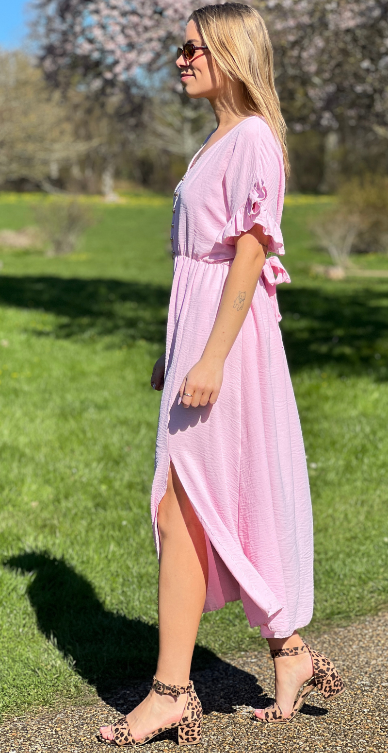 Cordelia kjole med guldknapper og bælte i taljen rosa LikeLondon