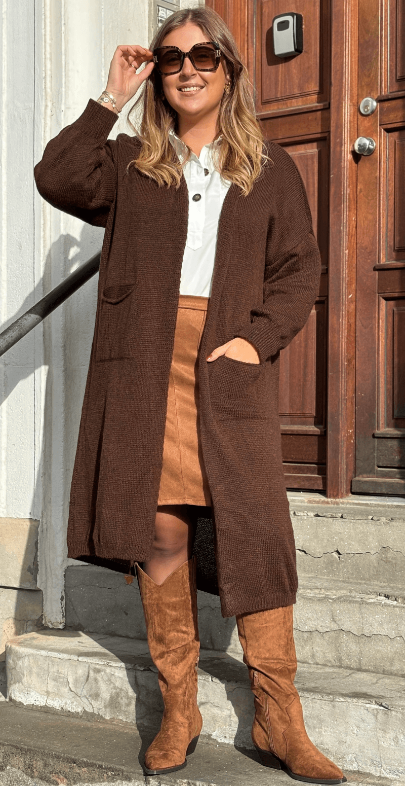 Ramona lang strik cardigan med hest på ryggen brun LikeLondon