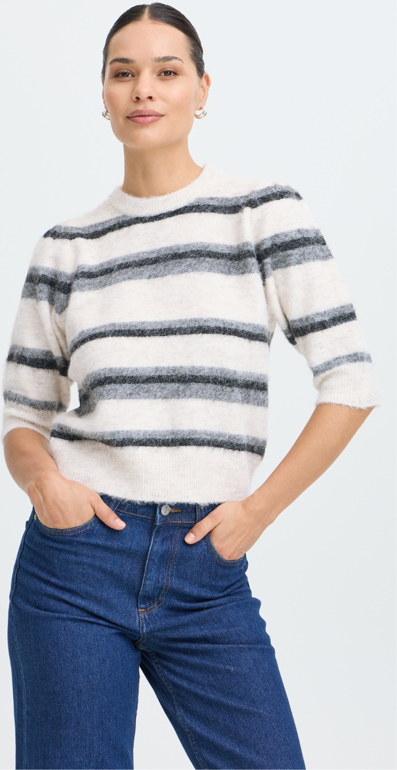 Milou strik med 3/4 ærmer birch/grey Mel. Stripe B.Young