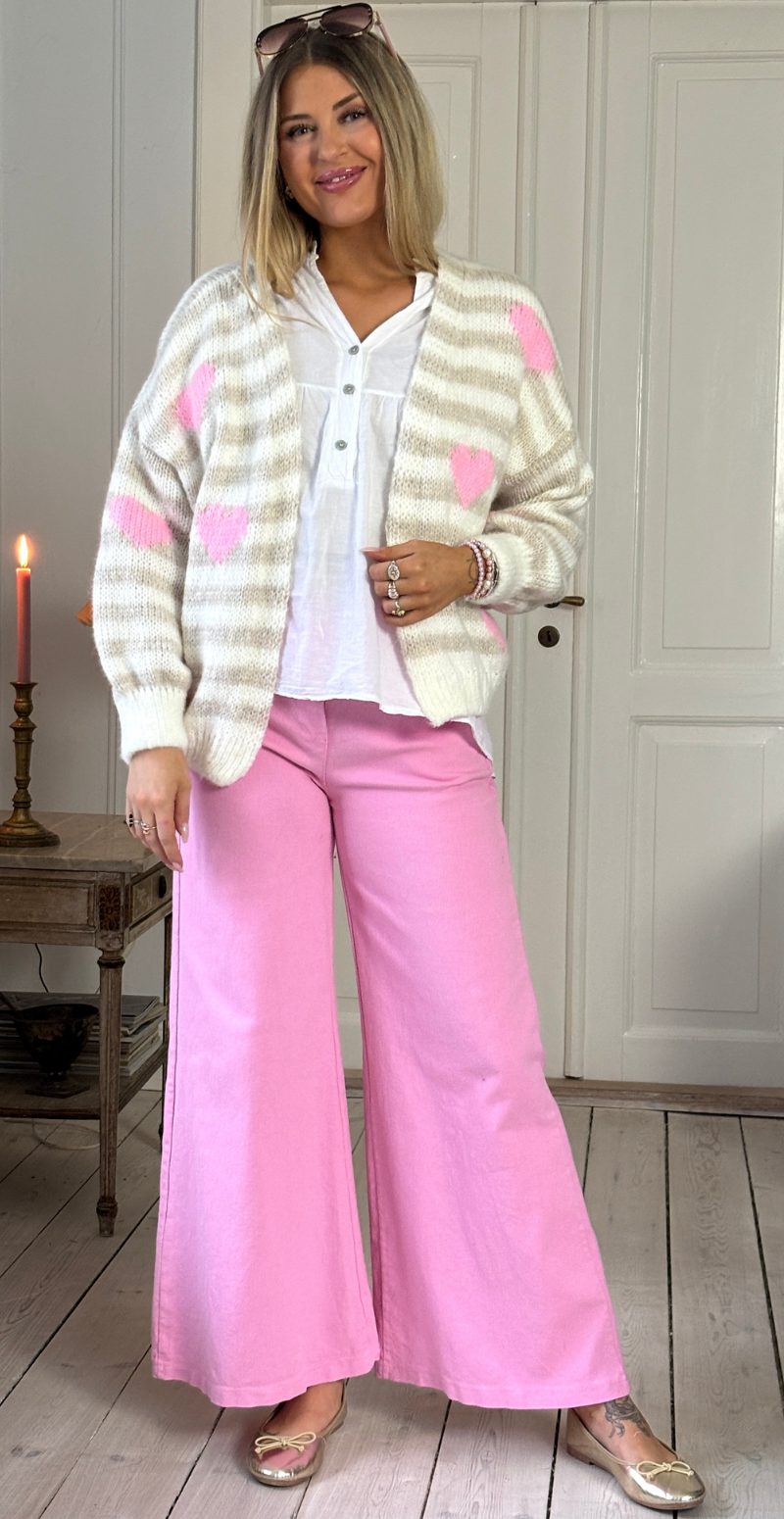 Marlene strik cardigan med striber og hjerter beige LikeLondon