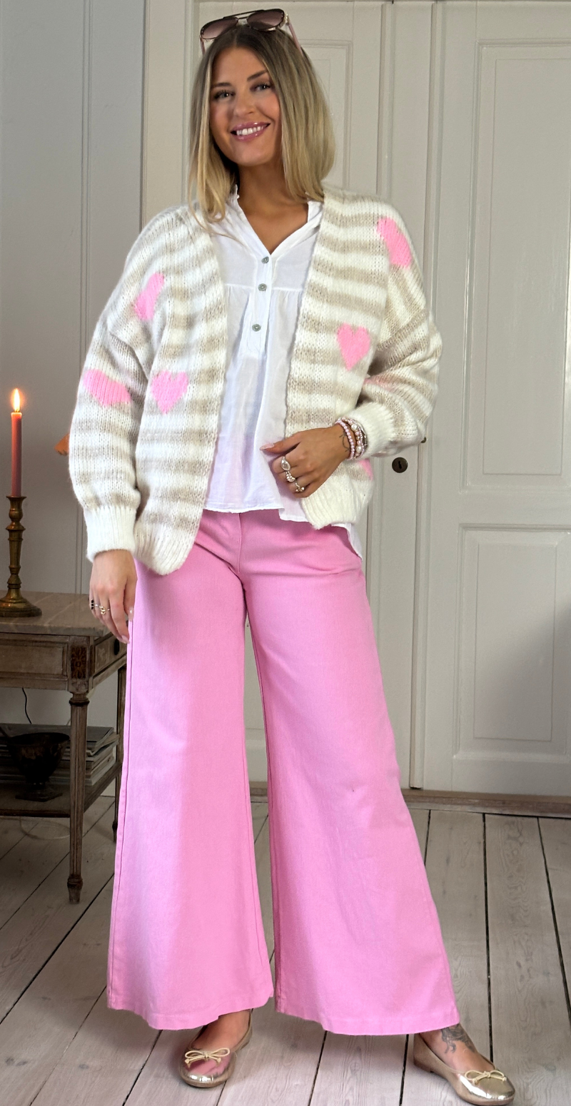 Marlene strik cardigan med striber og hjerter beige LikeLondon