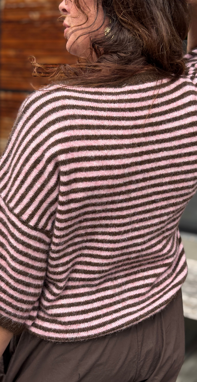 Silvi stribet strik med 3/4 ærme rosa/brun Likelondon