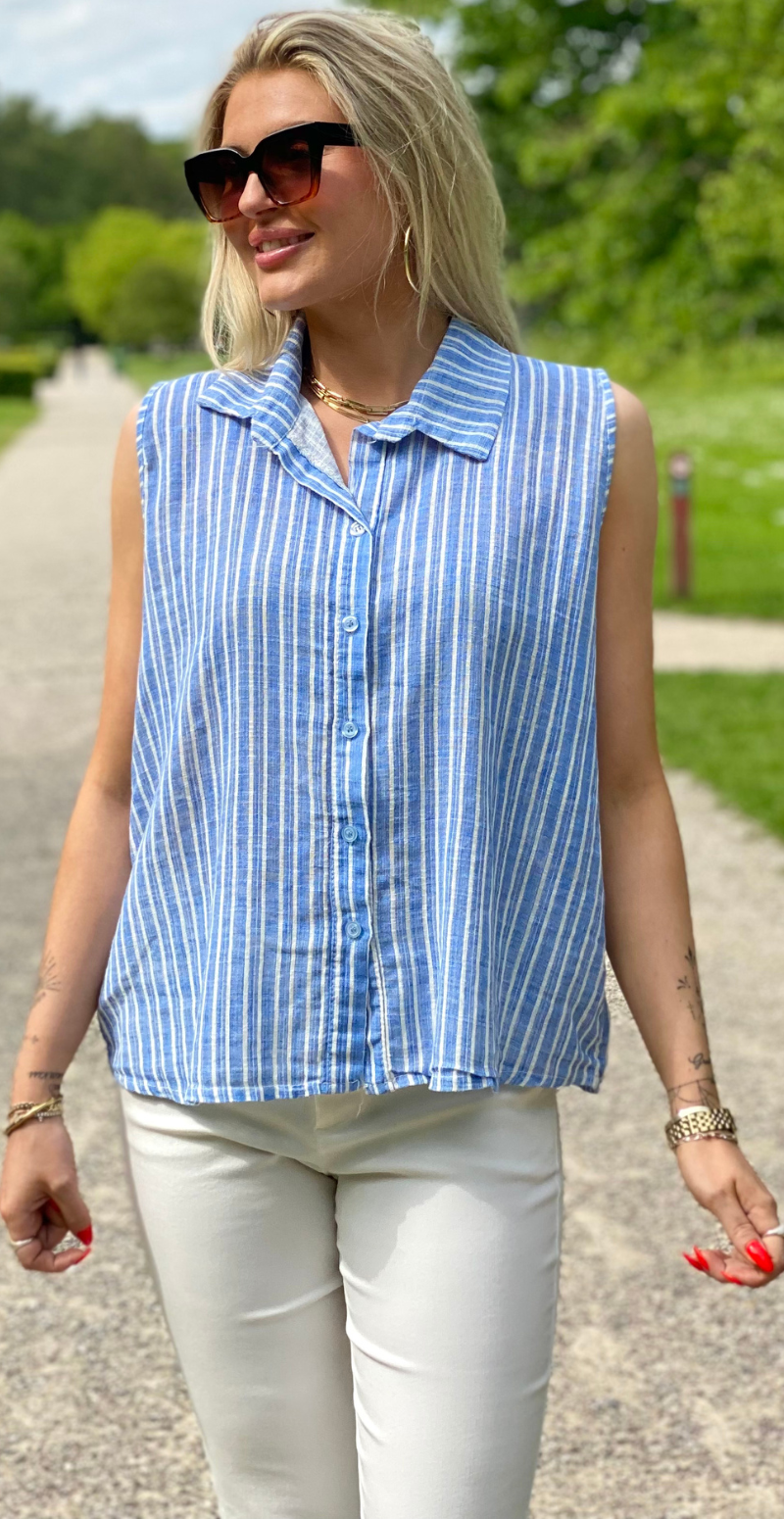 Kelsie bluse med striber, knapper og krave blå LikeLondon