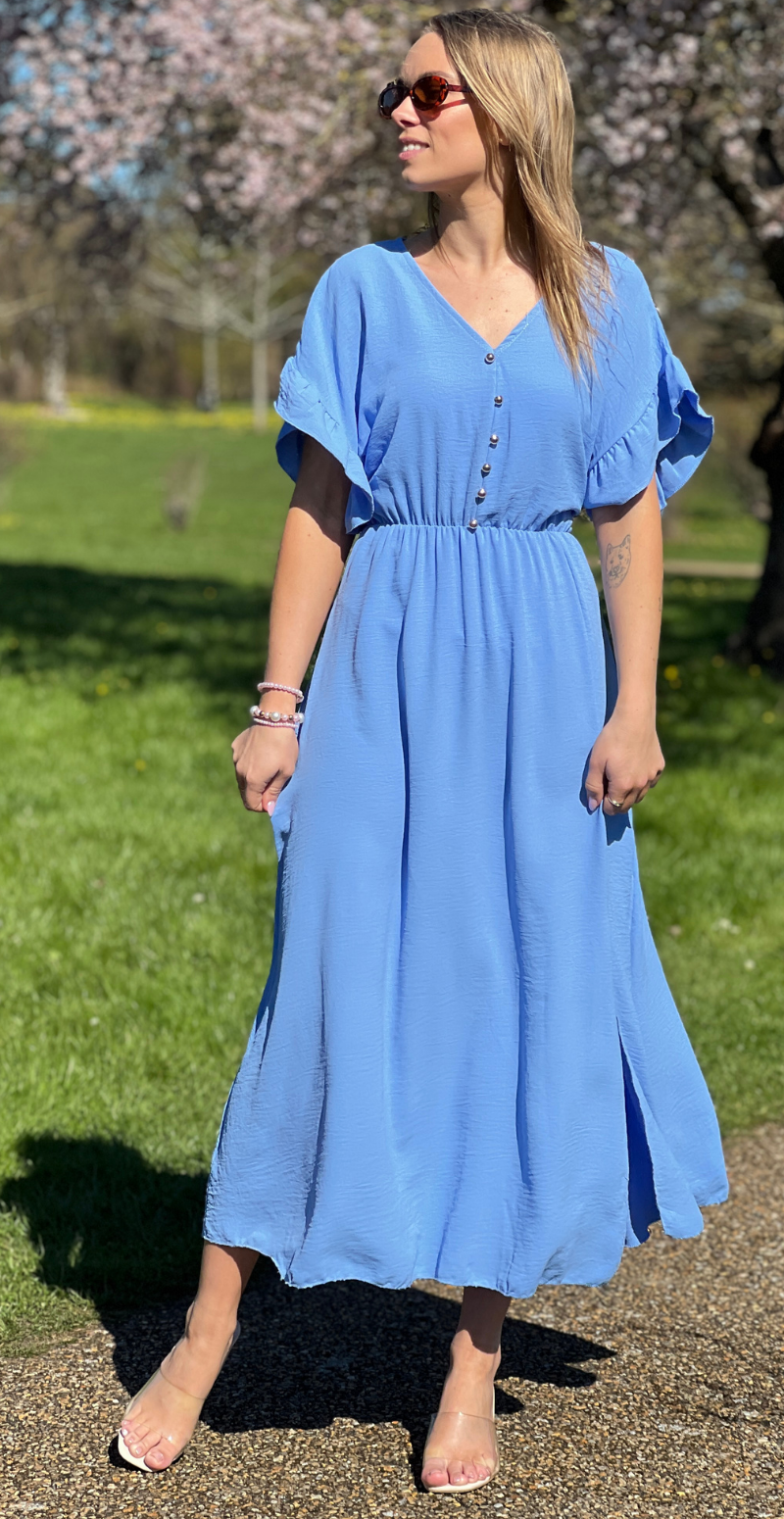 Cordelia kjole med guldknapper og bælte i taljen blå LikeLondon