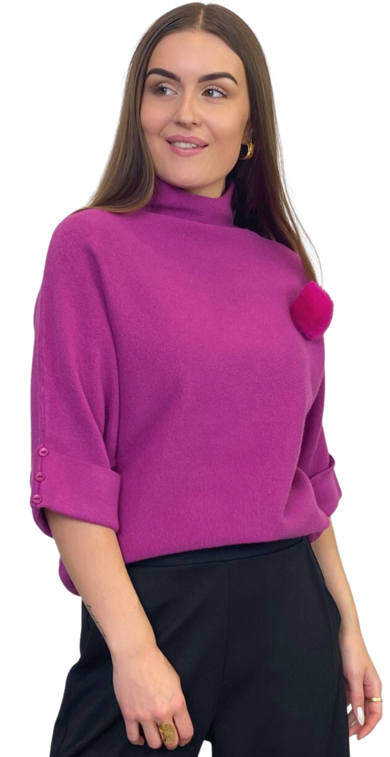 Kortærmet strik med pelsbroche magenta Likelondon