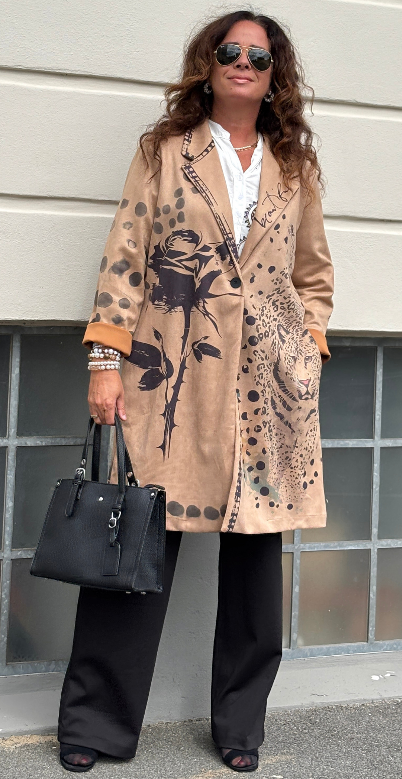 Katie jakke med print sort rose og leopard camel LikeLondon